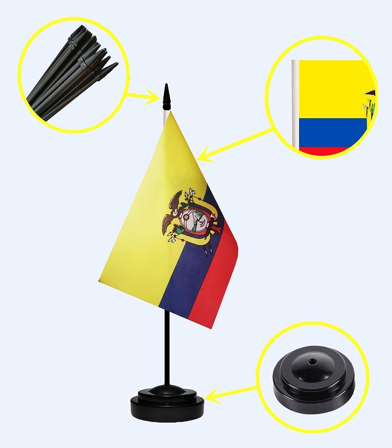 tibijoy Ecuador Flags Ecuadorian Small Mini Desk Flags Set Table Flag with 13" Black Pole, Black Base and Spear Top, Miniature Ecuadorian Deluxe Desktop Flag, Home Decoration, Office Decoration, Festival Celebrations(12 Pack ) - Image 3